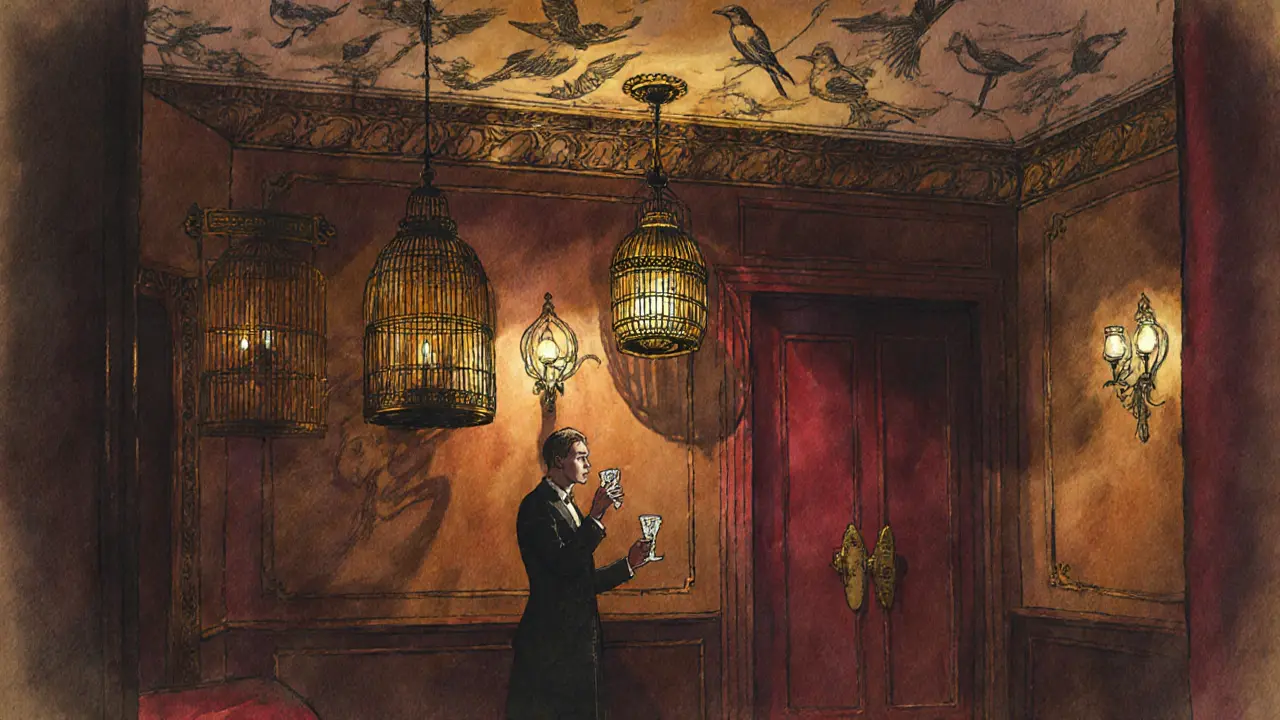 Intimate speakeasy with hanging birdcages and vintage bird illustrations, soft golden lighting.