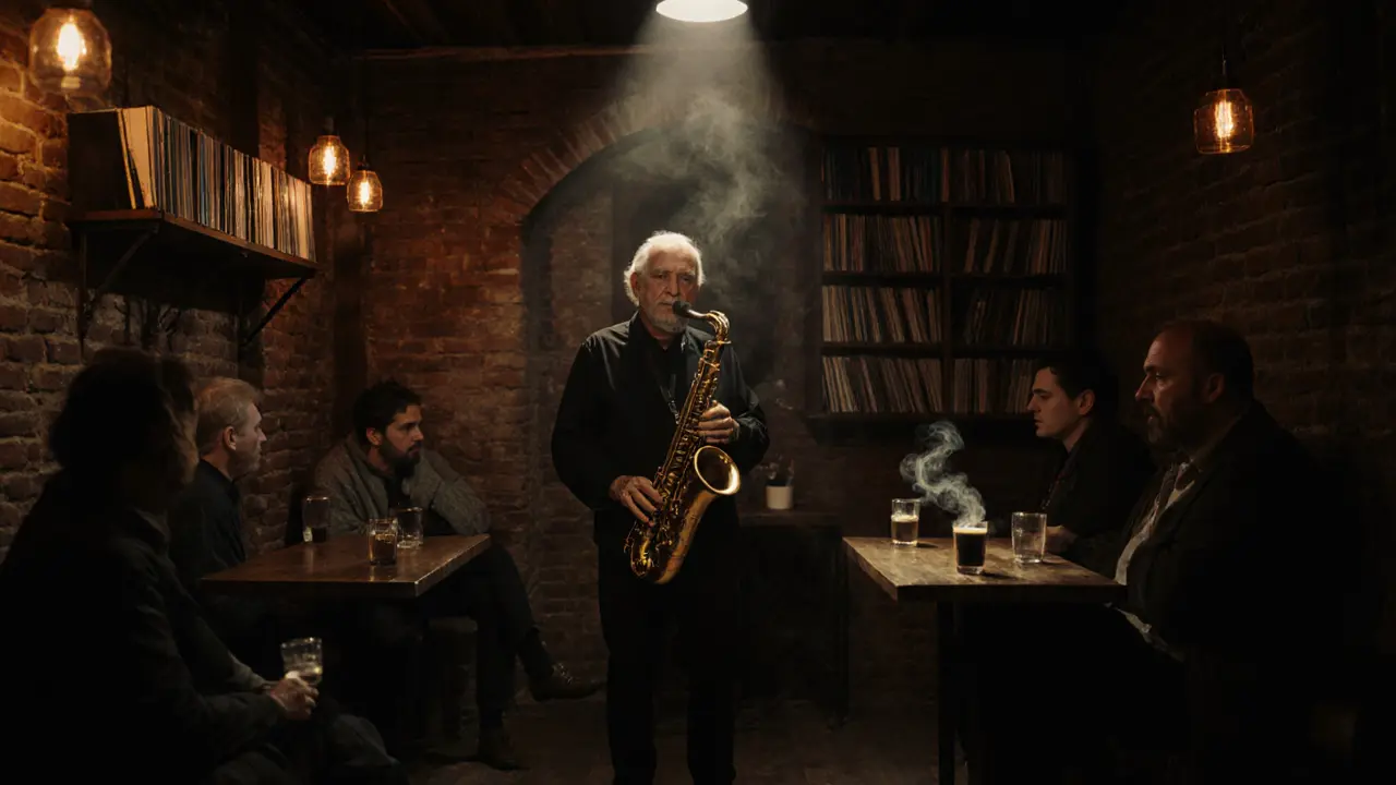 Jazz musician playing in a cozy, dimly lit wooden bar in Üsküdar at night.