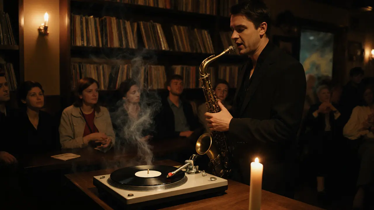 Jazz musician playing saxophone in a dimly lit lounge with a vintage turntable nearby.