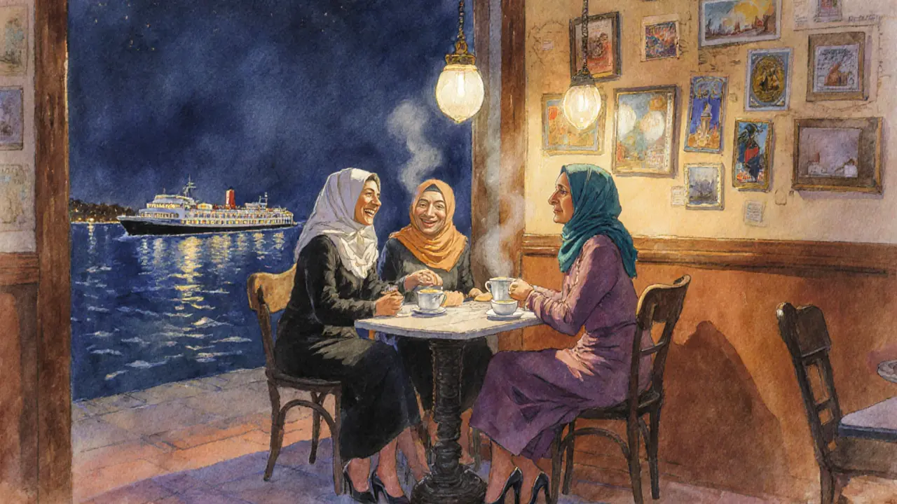 Late-night café in Kadıköy with women laughing over tea and baklava, ferry lights visible through the window.