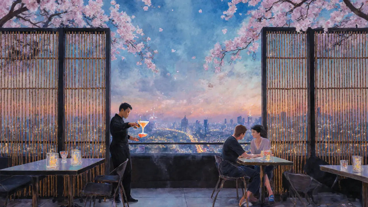 Minimalist rooftop lounge with mixologist pouring floral cocktail under city lights.