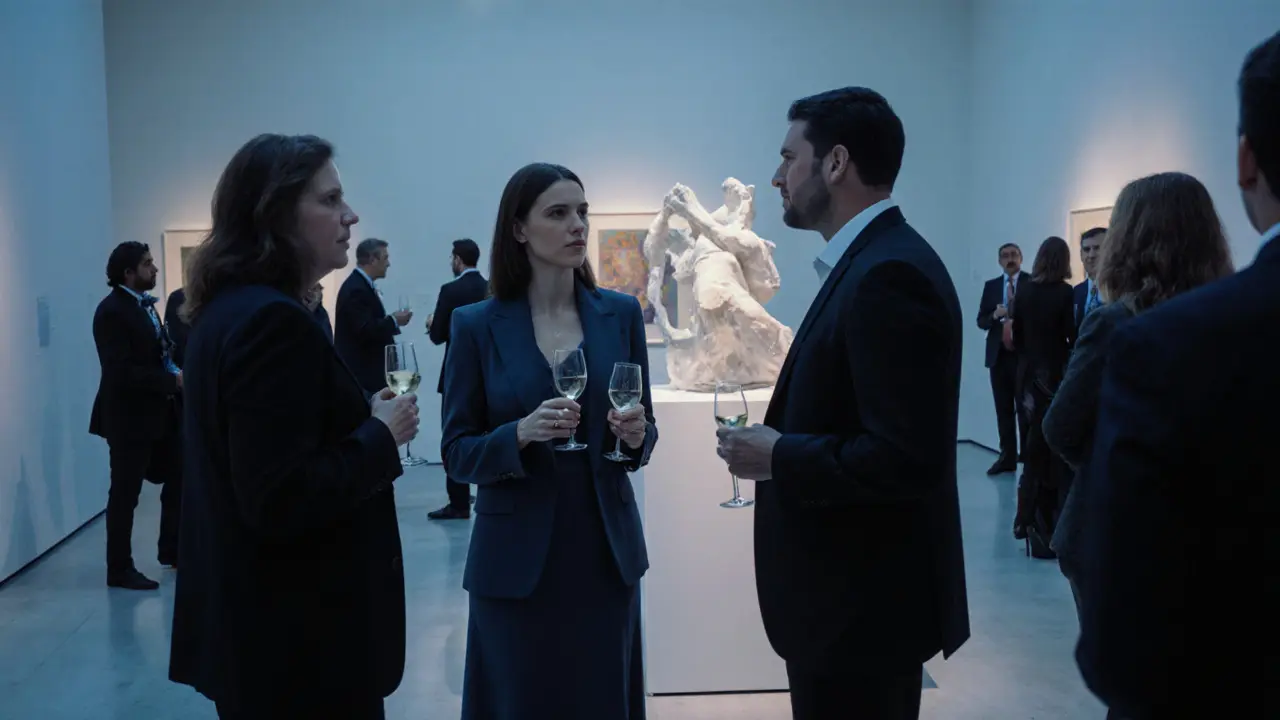 People mingling at an art gallery opening in Louvre Abu Dhabi, exchanging quiet conversations.