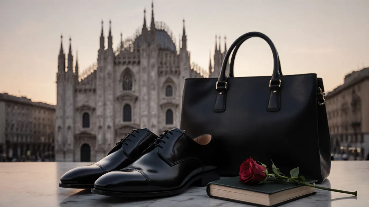 Polished shoes and a black handbag beside a journal and rose on marble, with Duomo blurred in the distance.