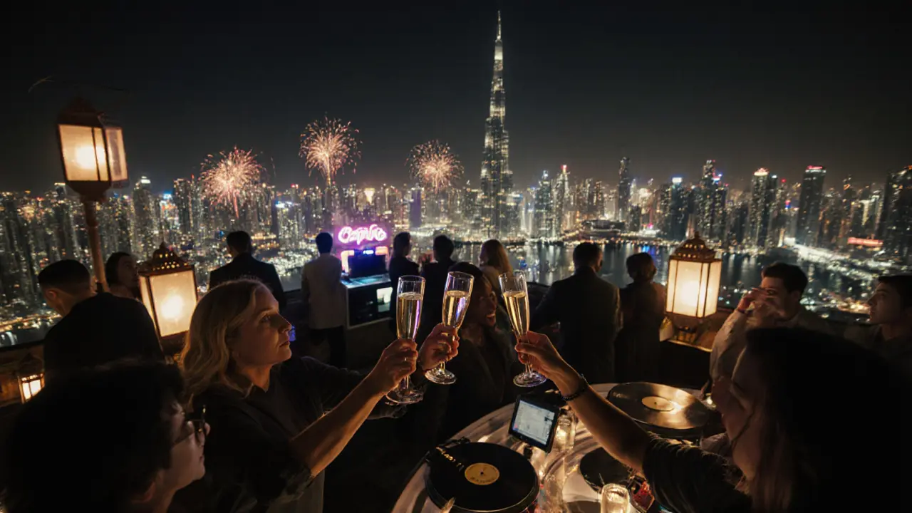 Rooftop party at Skyview Bar with Dubai skyline glowing below and guests celebrating with champagne.