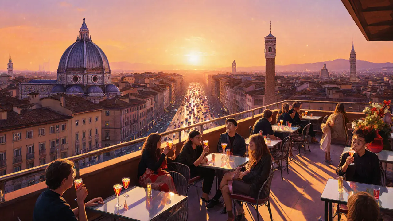 Rooftop terrace at sunset with views of Milan&#039;s skyline, guests sipping cocktails as city lights begin to glow.