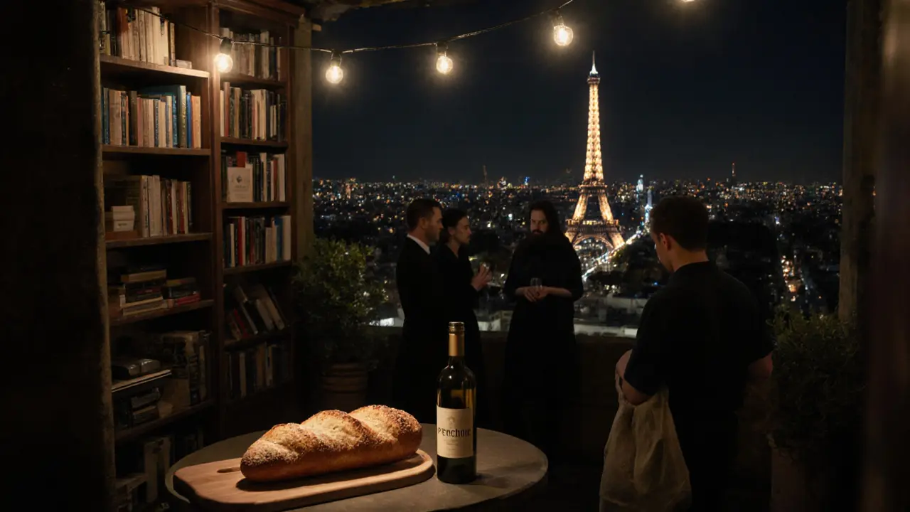 Rooftop view of the Eiffel Tower with quiet guests chatting beside a baguette and wine bottle.