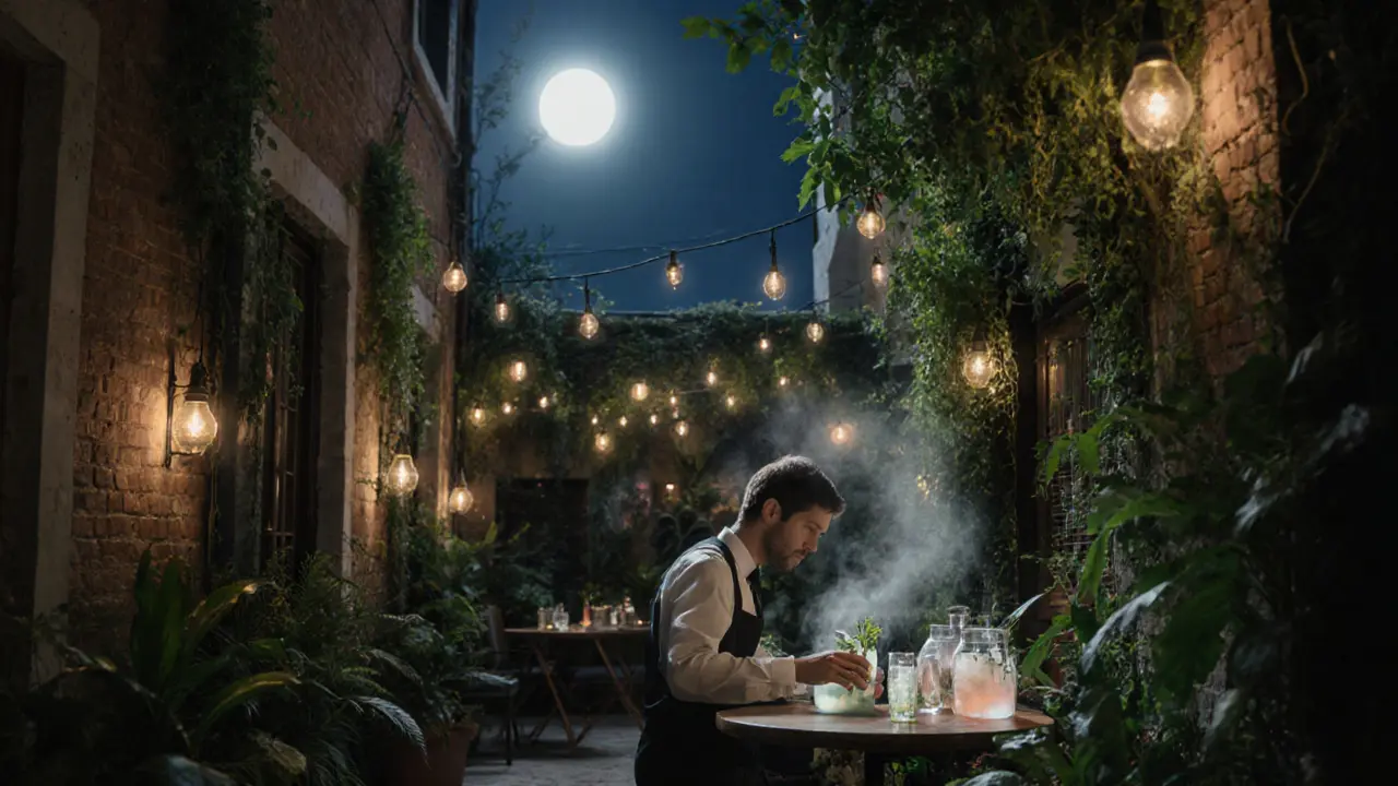 Secret garden bar with plants and fairy lights, bartender preparing herbal cocktails under moonlight.