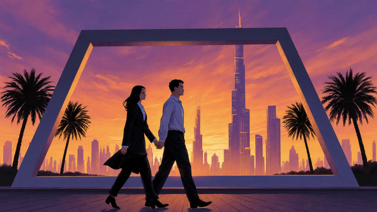 Silhouetted figures walking peacefully beside the Dubai Frame at dusk, symbolizing connection and emotional relief.