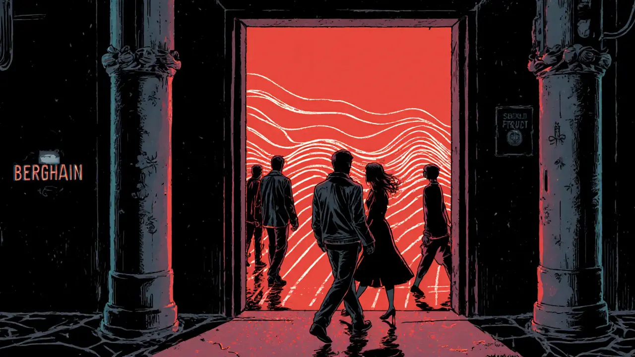 Silhouettes entering Berghain at night, glowing red doors and bass waves pulsing through the air.