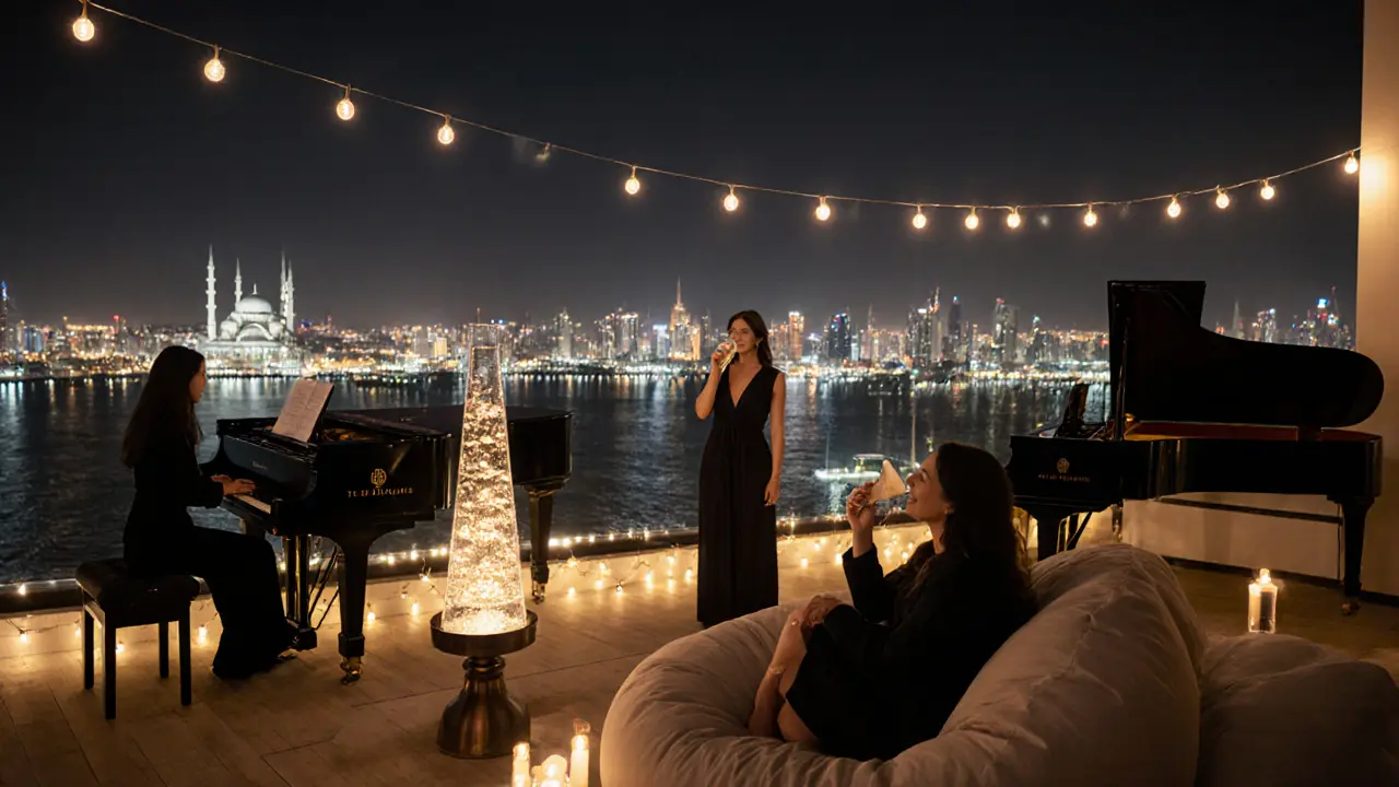 Silhouettes of women at a rooftop venue overlooking Abu Dhabi’s skyline with champagne tower.