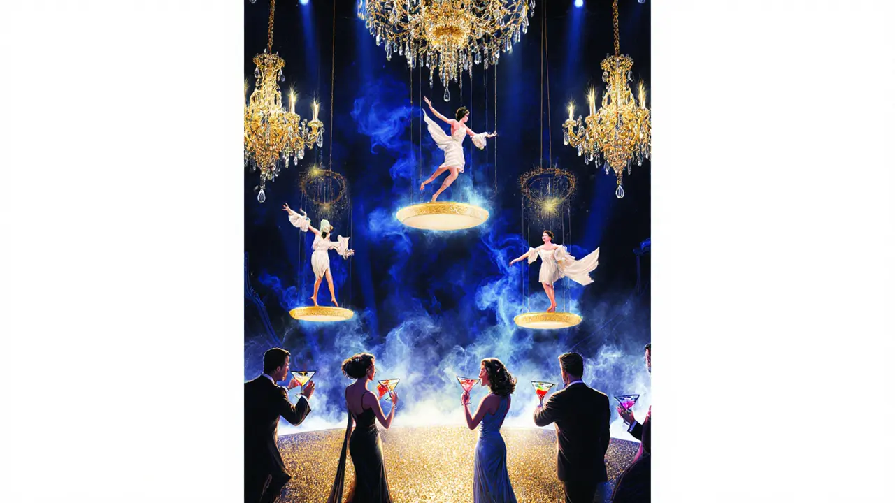 Theatrical nightclub La Perle with dancers on suspended platforms and golden chandeliers.