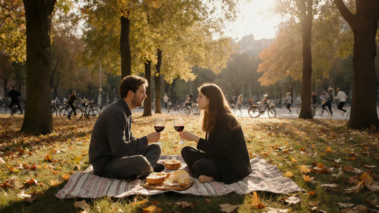 Two people enjoying a peaceful picnic in Tiergarten Park under autumn trees.