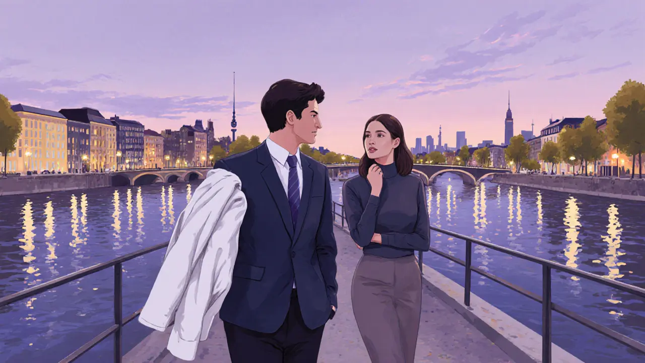 Two people walking along the Spree River at dusk, maintaining professional distance.