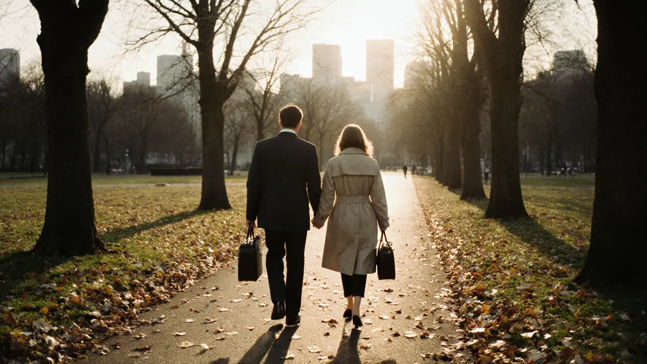 Two people walking peacefully through Tiergarten at sunset, autumn leaves falling around them.