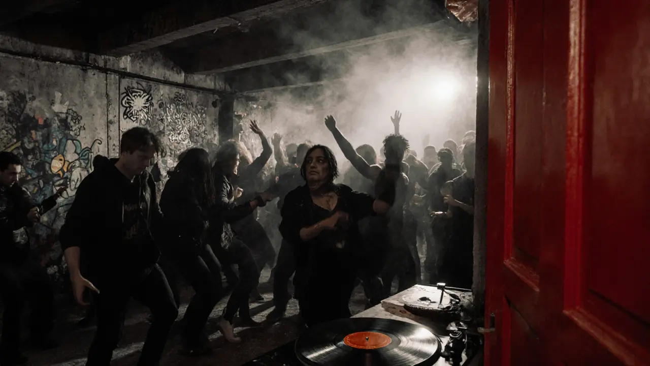 Underground club in Lambrate with strobe lights, smoke, and energetic dancers.