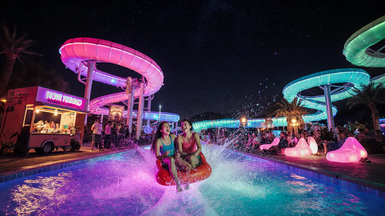 Water slides glowing with neon lights at night, people splashing under blacklights.