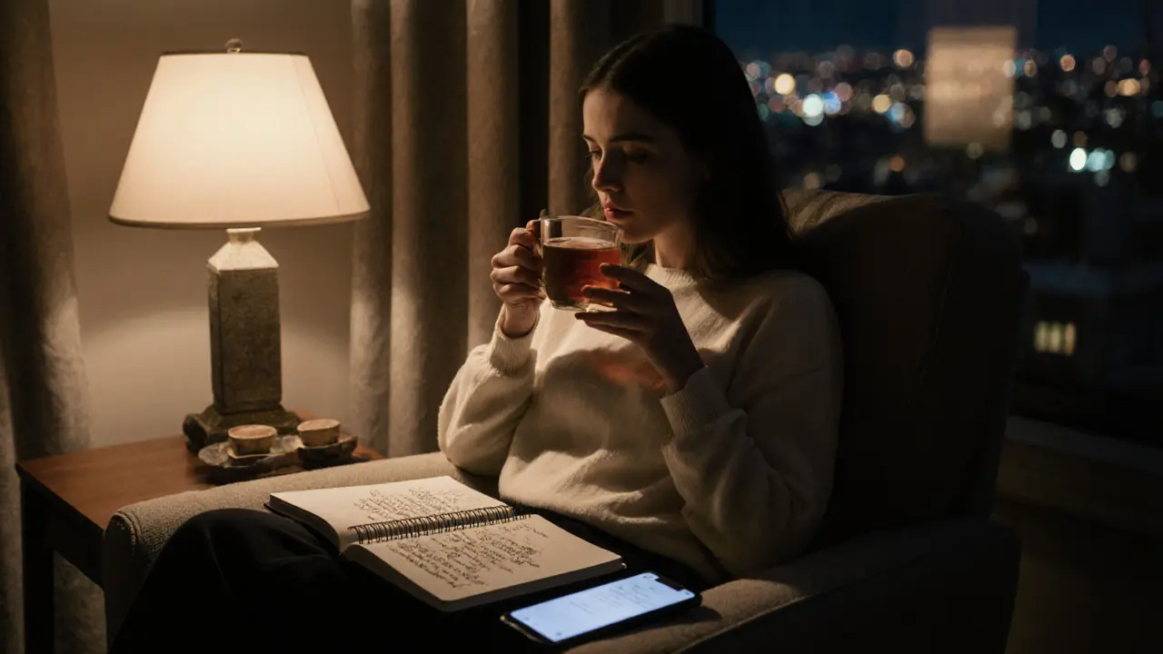 Woman journaling with tea at night, peaceful and reflective, embracing mental wellness.