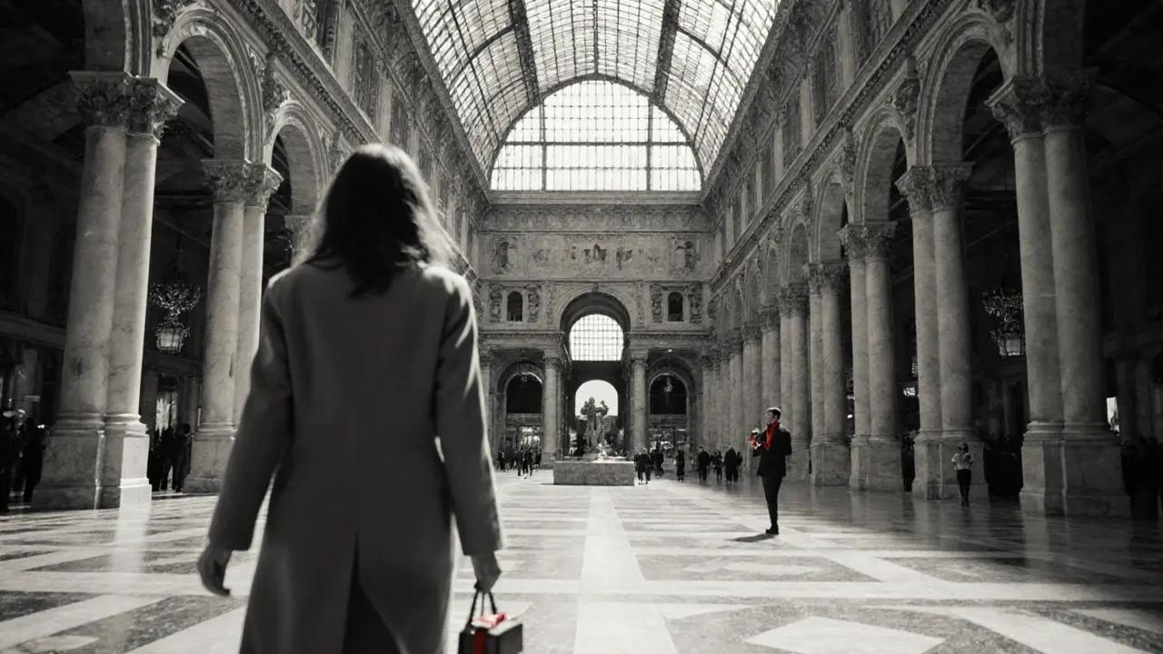 Woman walking away in a coat through Galleria Vittorio Emanuele II, reflection hinting at a watcher.