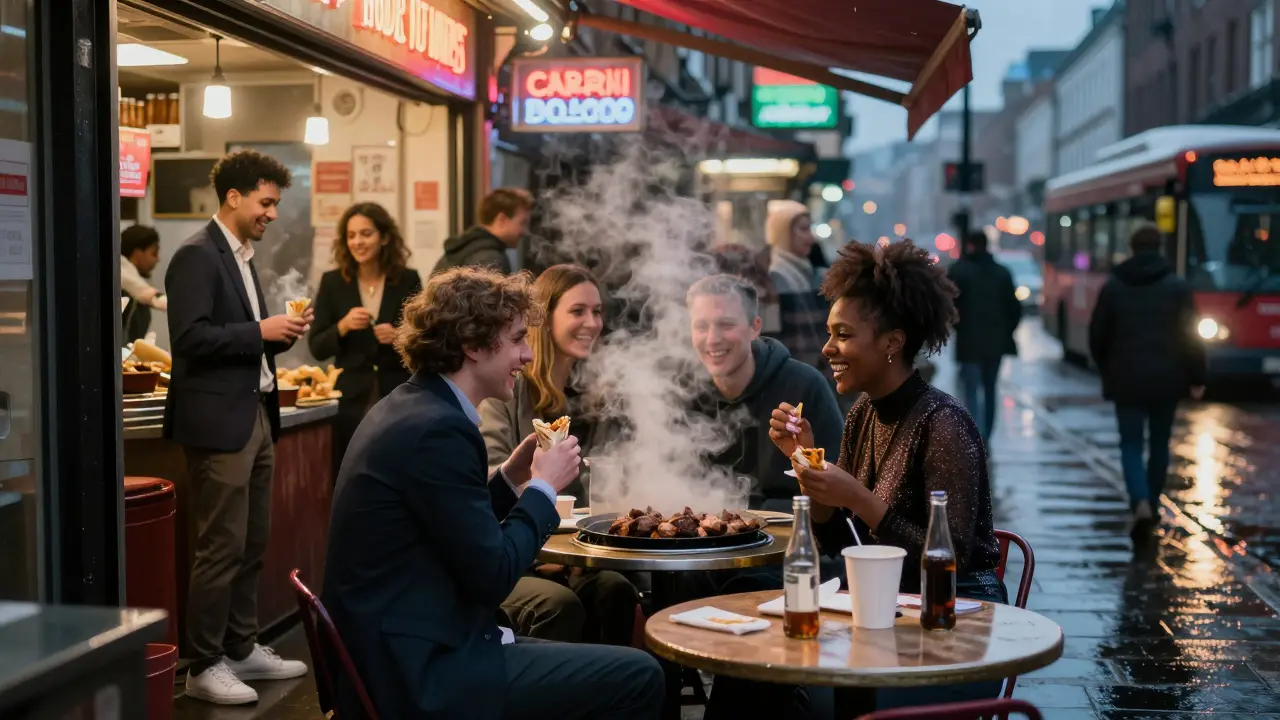 24-hour kebab shop on Brick Lane at 4 a.m., diverse group eating wraps under neon signs, rain-slicked street outside.
