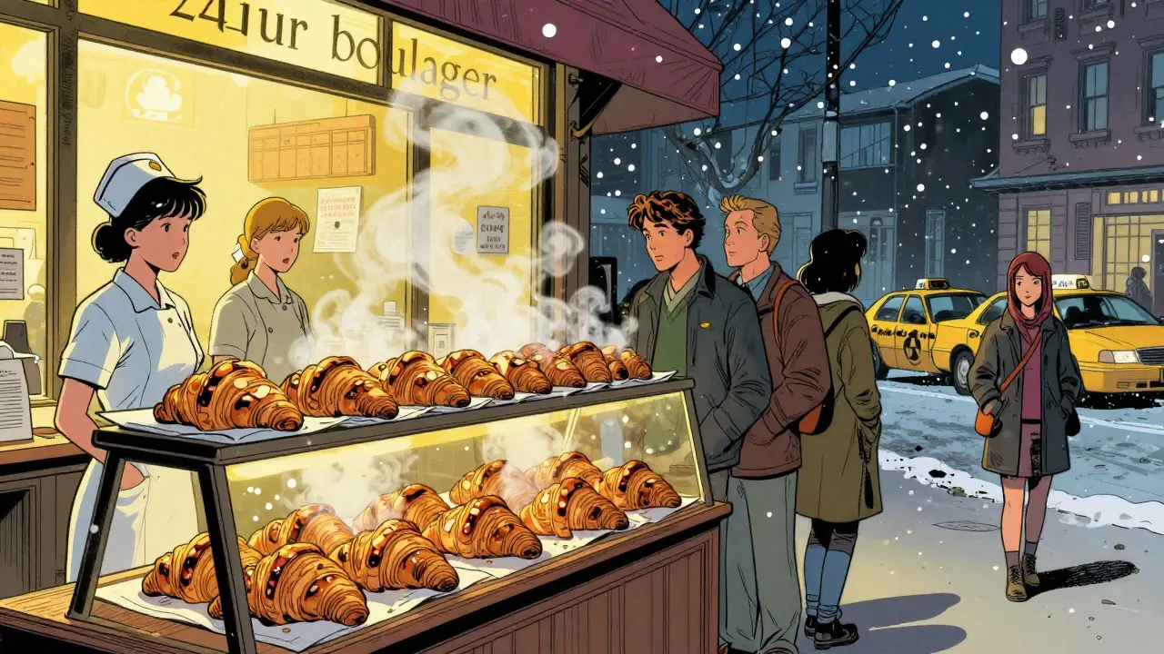 A 24-hour bakery at dawn with patrons lining up for fresh croissants under warm yellow light.
