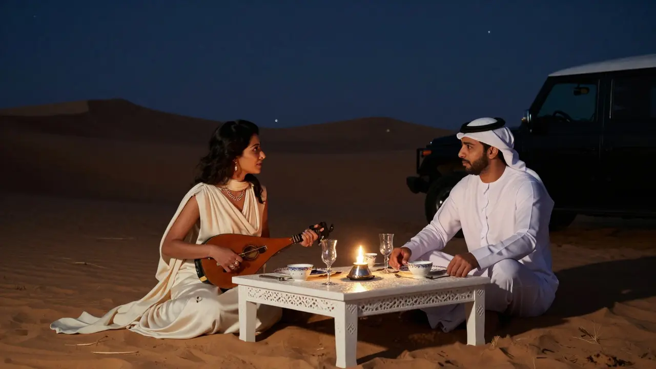 A candlelit desert dinner under the stars, with a woman and man in elegant attire sharing a private moment.