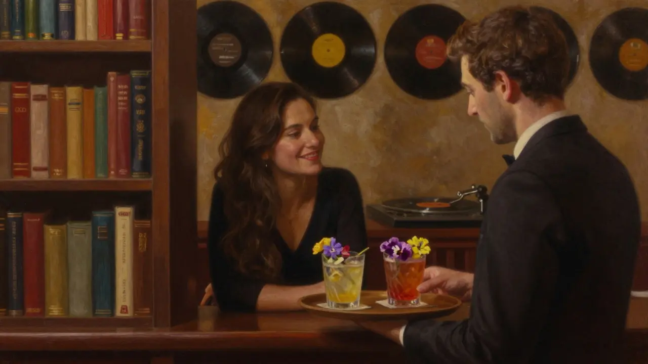 A couple enjoys handcrafted cocktails in a dim, bookshelf-hidden bar, surrounded by vintage records and warm lighting.