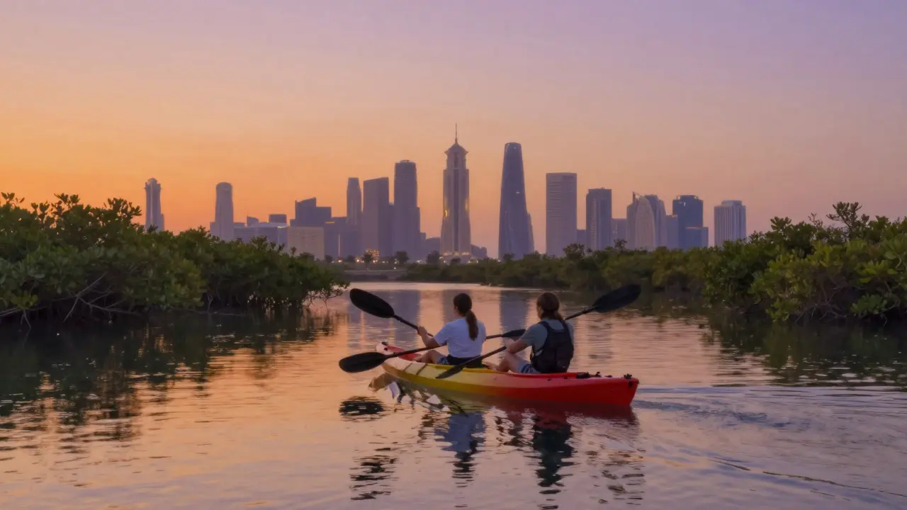 A couple kayaking through mangrove forests at sunset in Abu Dhabi, skyline glowing in the distance.