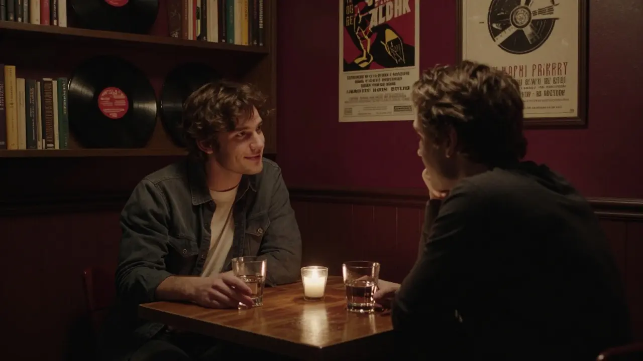 A couple sharing an intimate moment in a cozy Soho wine bar with warm candlelight.