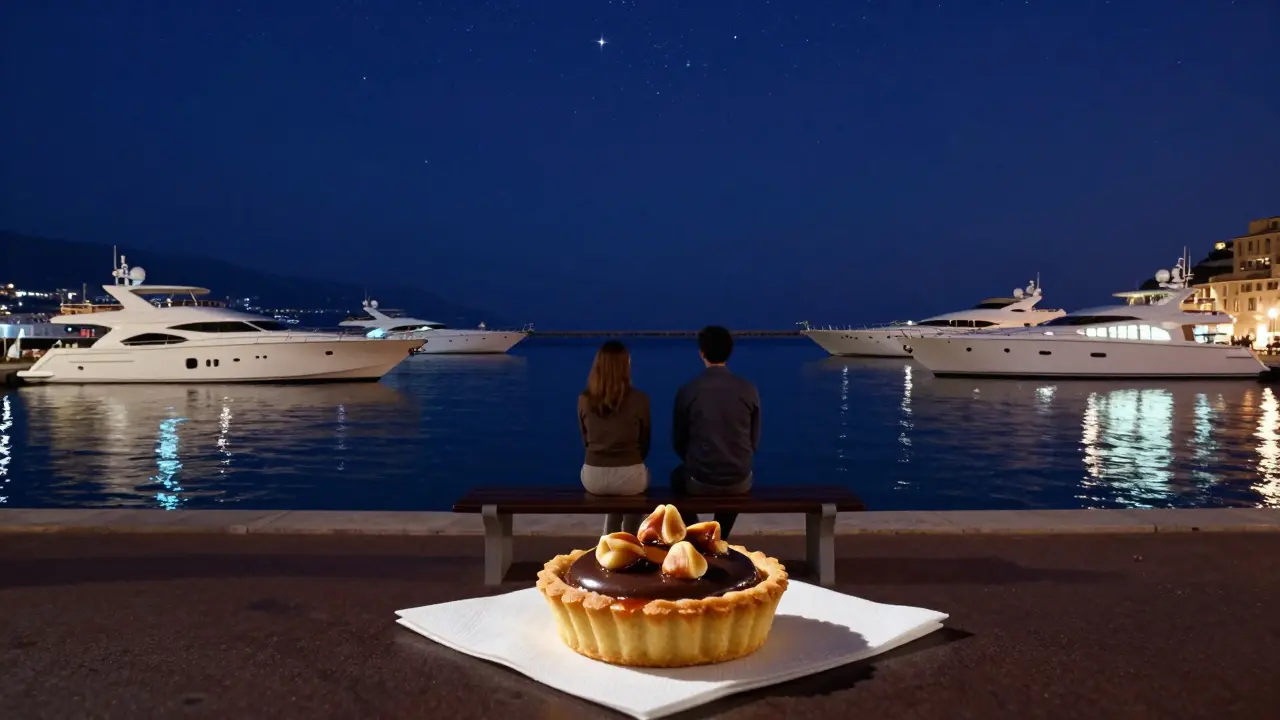 A couple sits quietly on a dock at night, watching glowing yachts reflect on the water, sharing a chocolate tart.