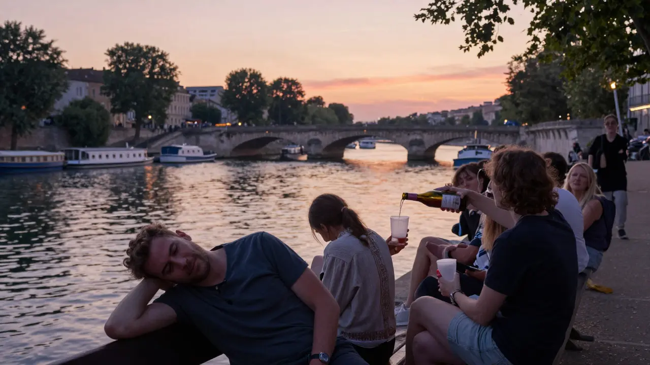 A group sharing wine by Canal Saint-Martin at sunrise, relaxed and joyful after a night out.