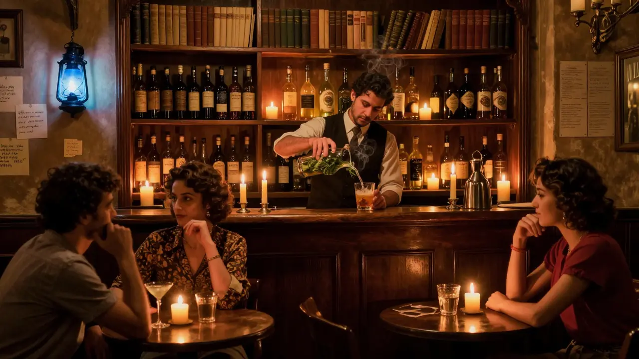 A hidden bar behind a bookshelf glows with candlelight, patrons whispering over cocktails in a secretive space.