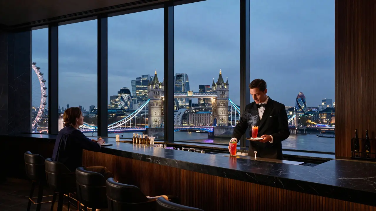 A high-rise bar with panoramic city views, a butler serving a cocktail in a minimalist, elegant space.