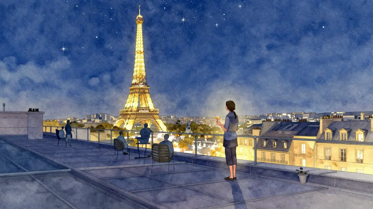 A lone figure on a rooftop terrace at midnight with the sparkling Eiffel Tower in the distance.