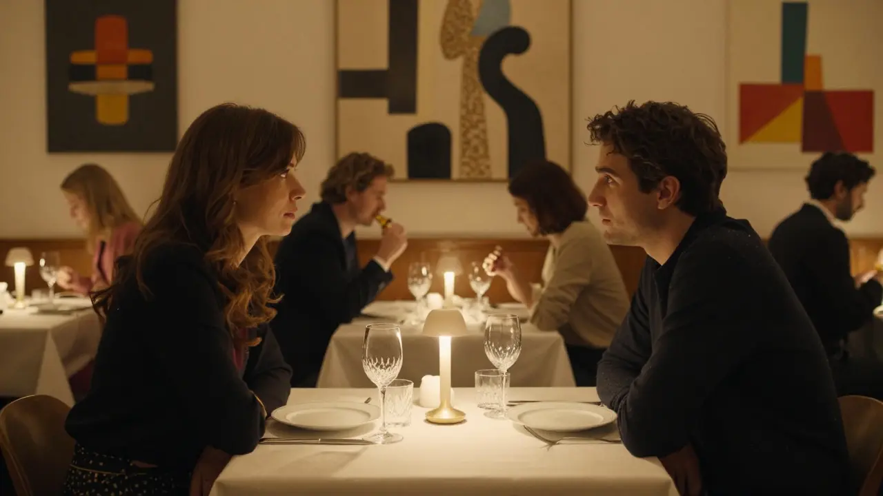 A man and woman share a quiet, candlelit dinner in a high-end Berlin restaurant, engaged in thoughtful conversation.