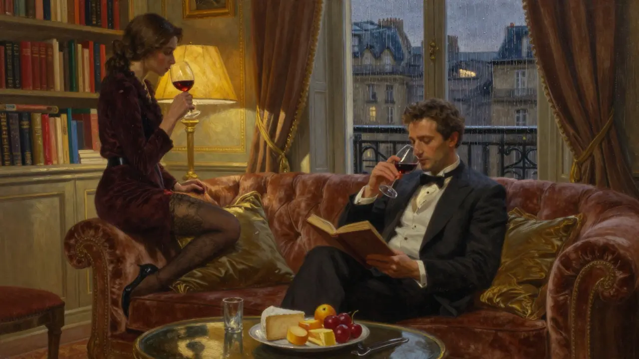 A man and woman share a quiet moment in a Parisian apartment, reading together by lamplight.