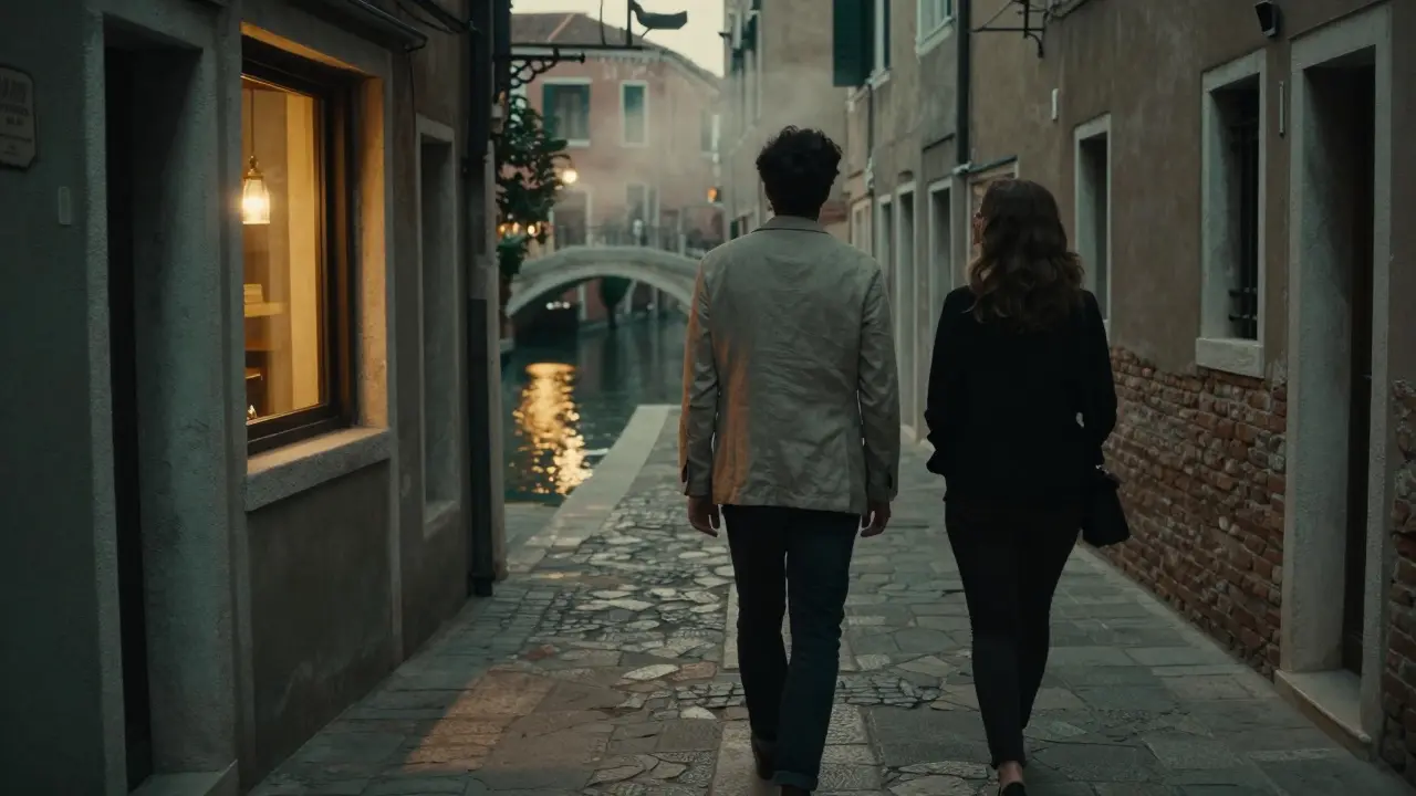 A man and woman walking side by side in a misty Navigli alley at dusk, lantern light reflecting on the canal.