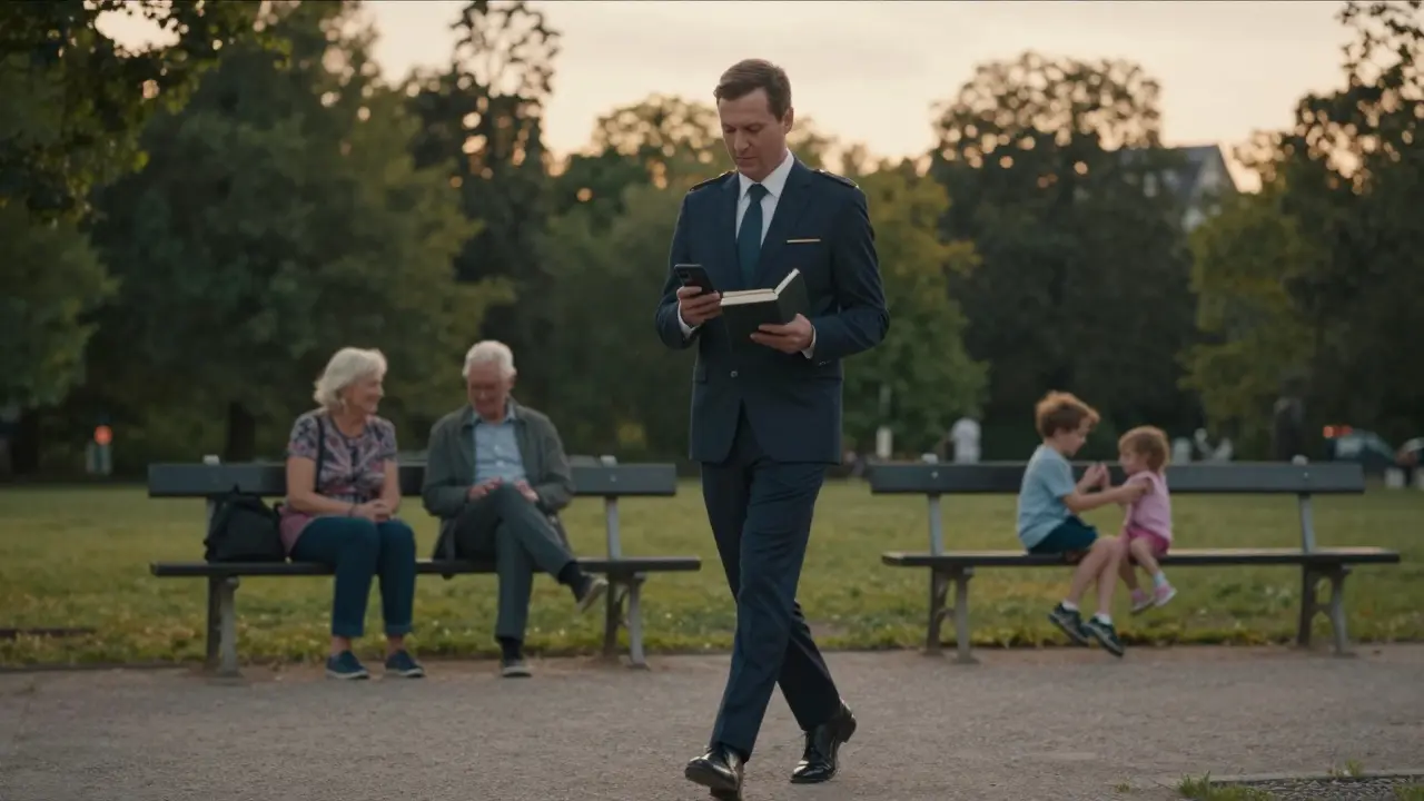 A man walks through a Berlin park at sunset, holding a book, elderly couple watching nearby.