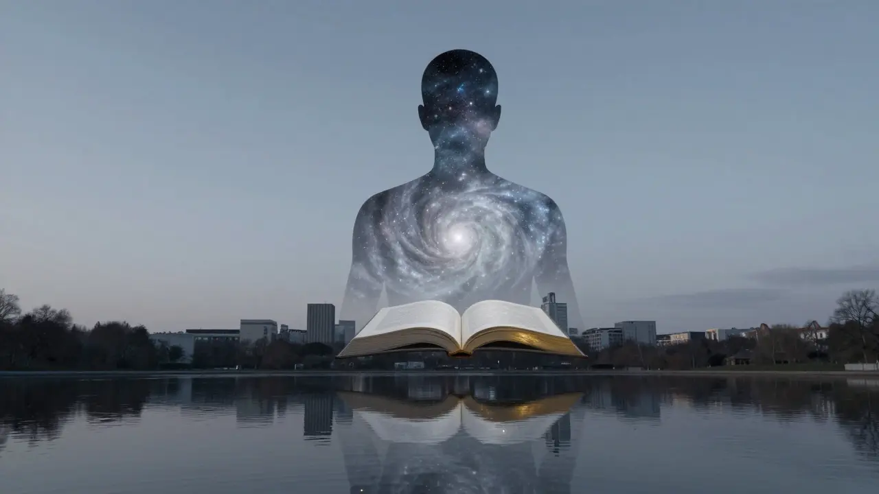 A minimalist Berlin skyline reflected in water, with a translucent human form filled with galaxies and books, symbolizing deep presence.