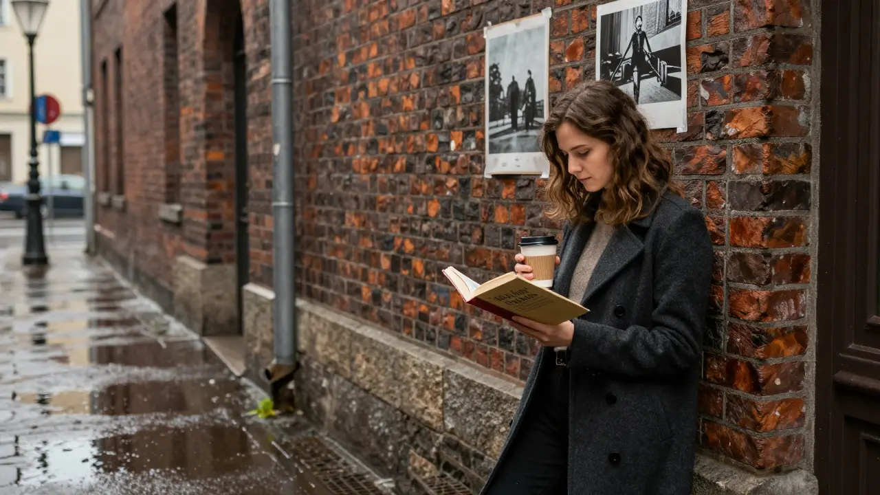 A modern Berlin escort reading a book in a quiet alley, reflection visible in a puddle beside an old photo.