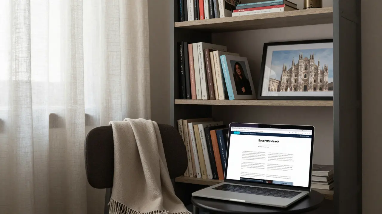 A modest apartment with books and a website on screen, no explicit imagery.