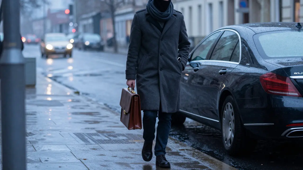 A person walks away from a luxury car in a rainy Berlin dawn, face obscured, carrying a briefcase under soft morning light.