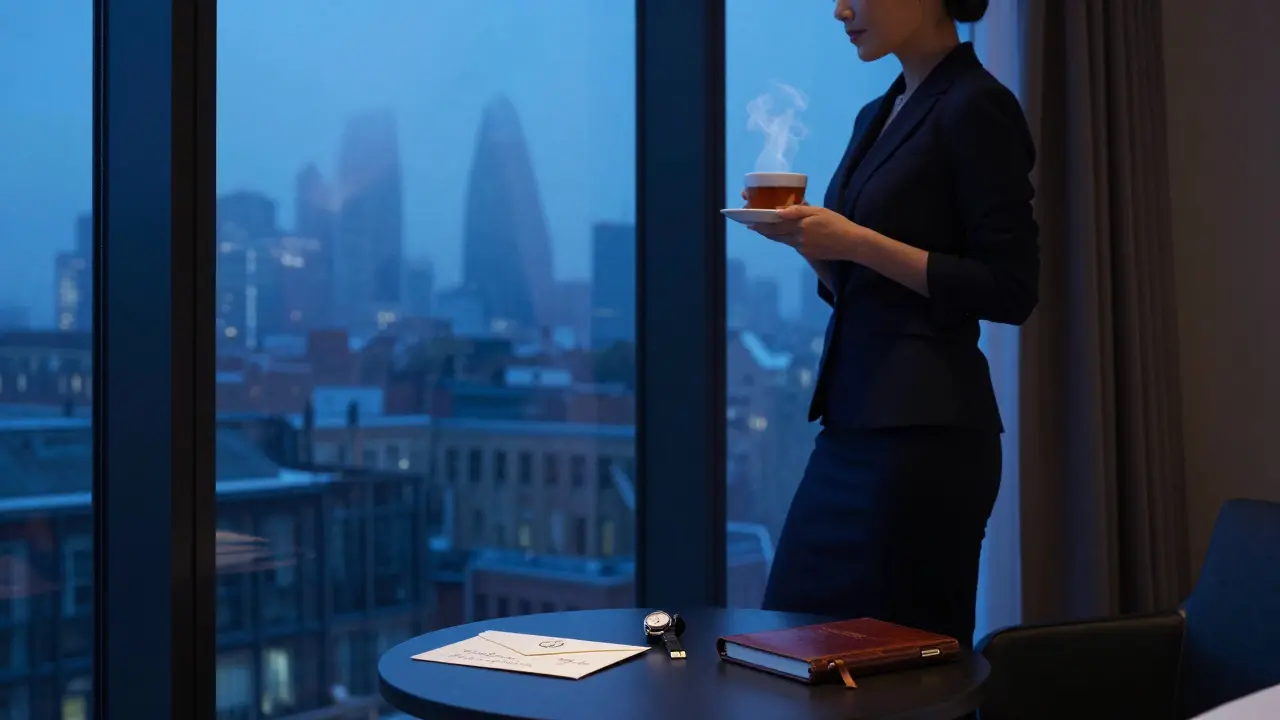 A poised woman standing by a hotel window with tea, a journal and watch on the table, city lights faintly visible.