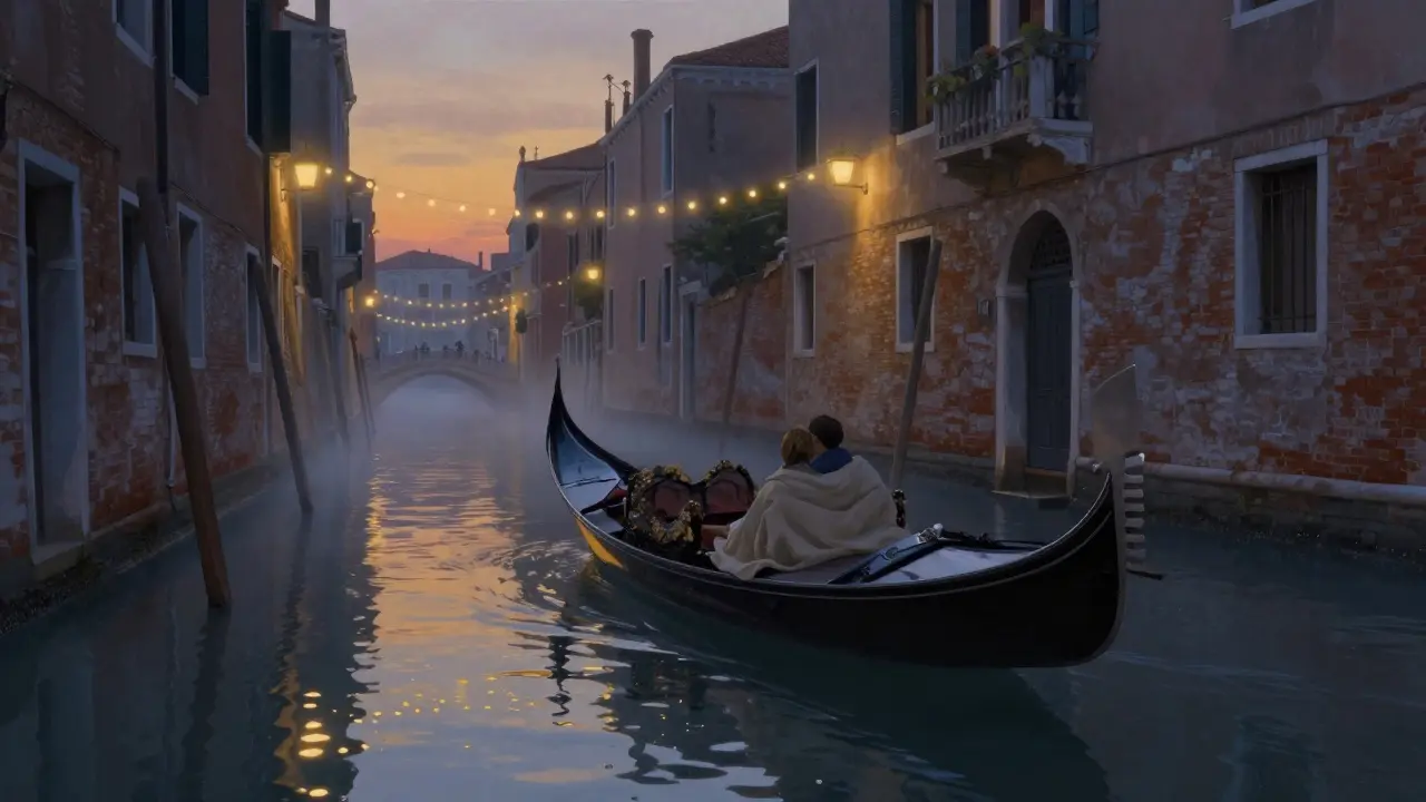 A private gondola glides silently along the Navigli canal under string lights and historic brick buildings.