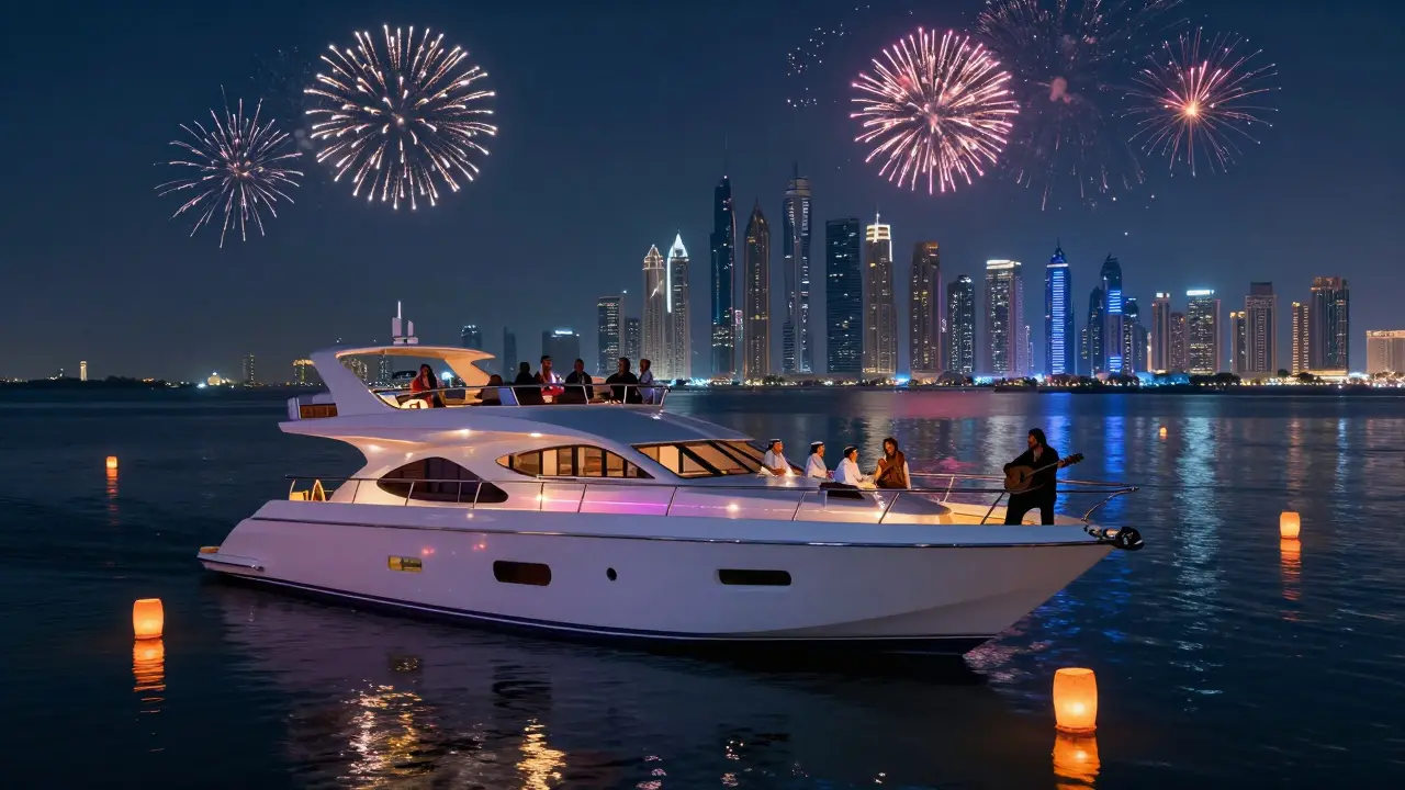 A private yacht at night with fireworks and Dubai skyline reflected on water, oud player silhouetted on deck.