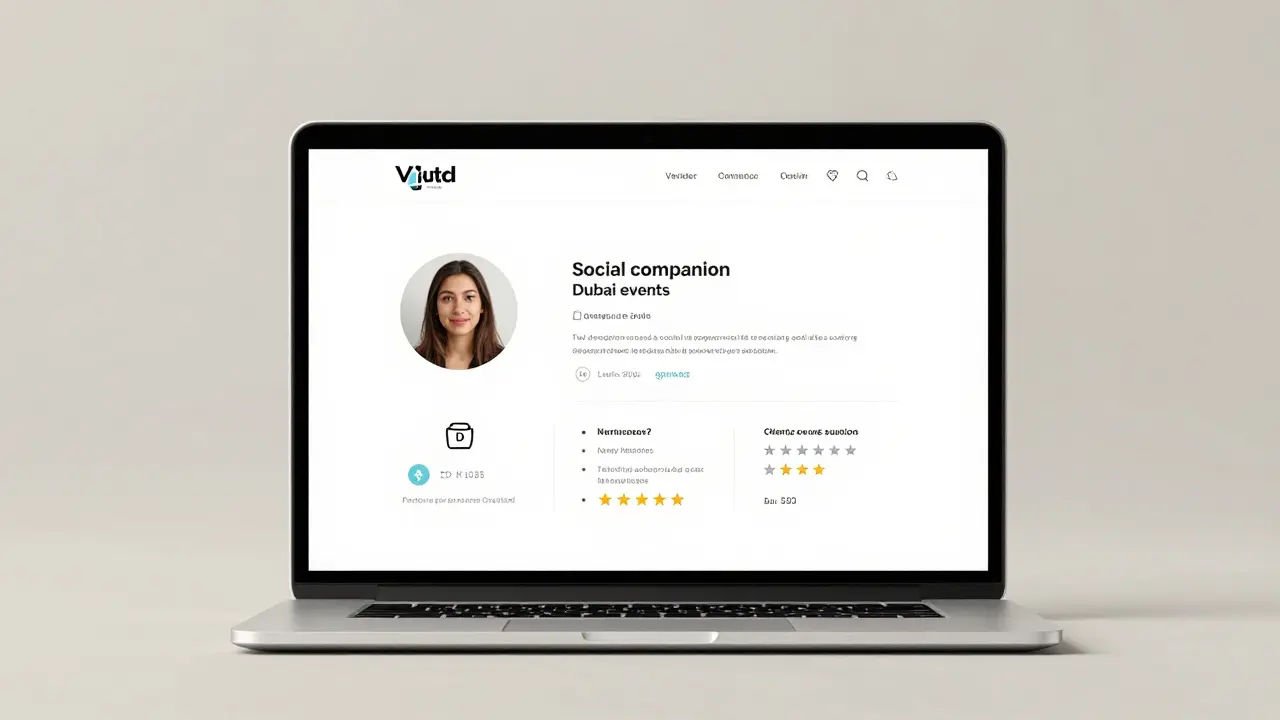 A professional companion's verified profile on a minimalist website, showing no nudity and highlighting security checks.