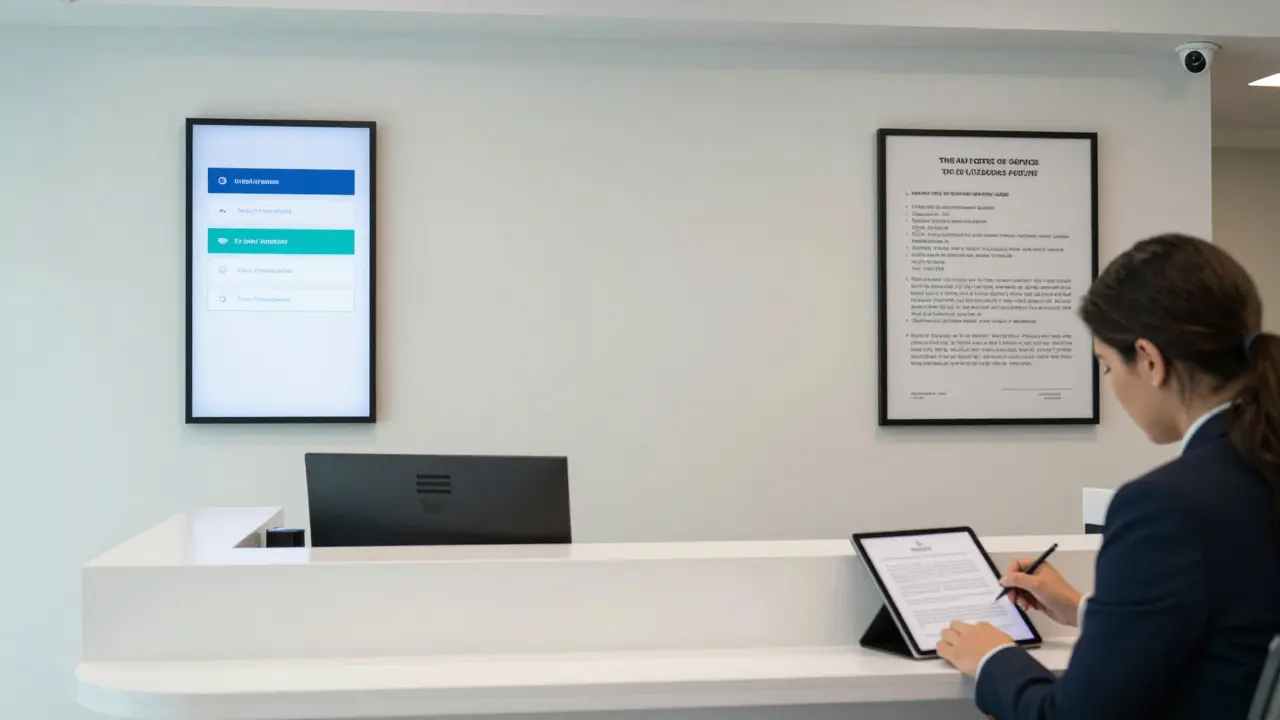 A professional companionship agency office with client verification and clear terms displayed.