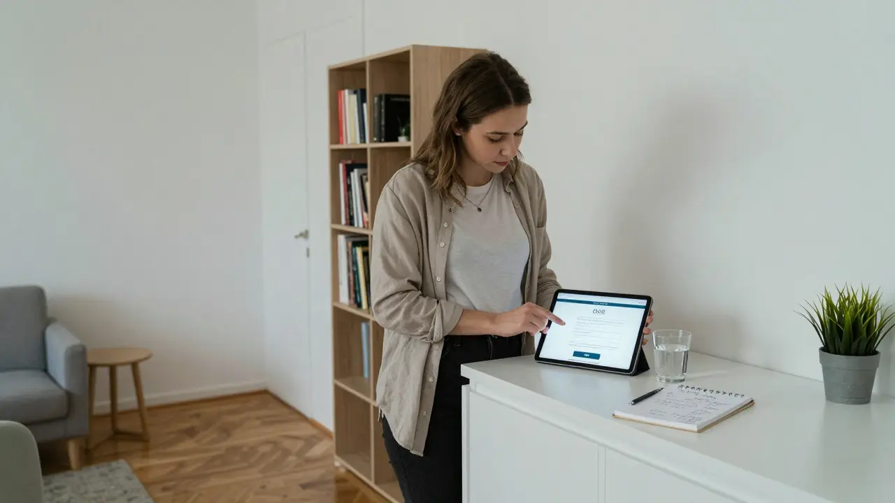 A professional escort in a clean, modern Berlin apartment with a booking confirmation on a tablet.