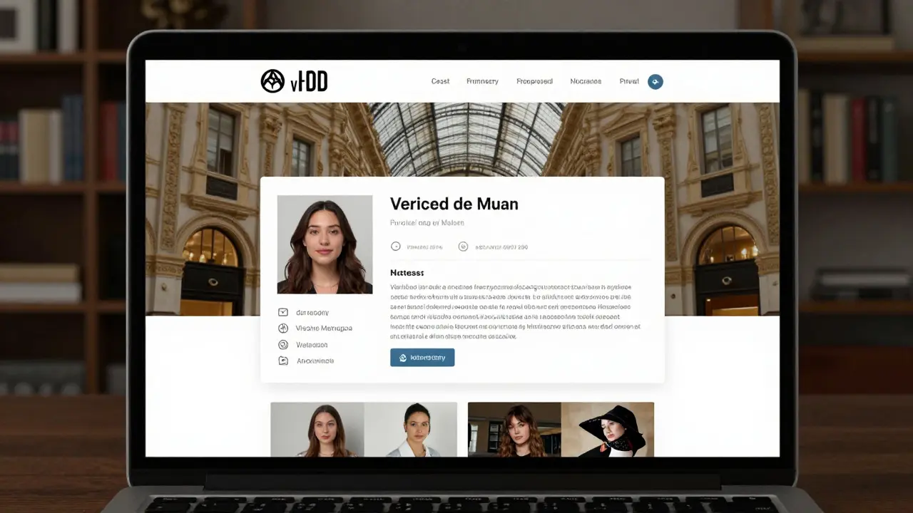 A professional escort profile on a private website, showing a tasteful photo and detailed bio in a dimly lit Milan room.