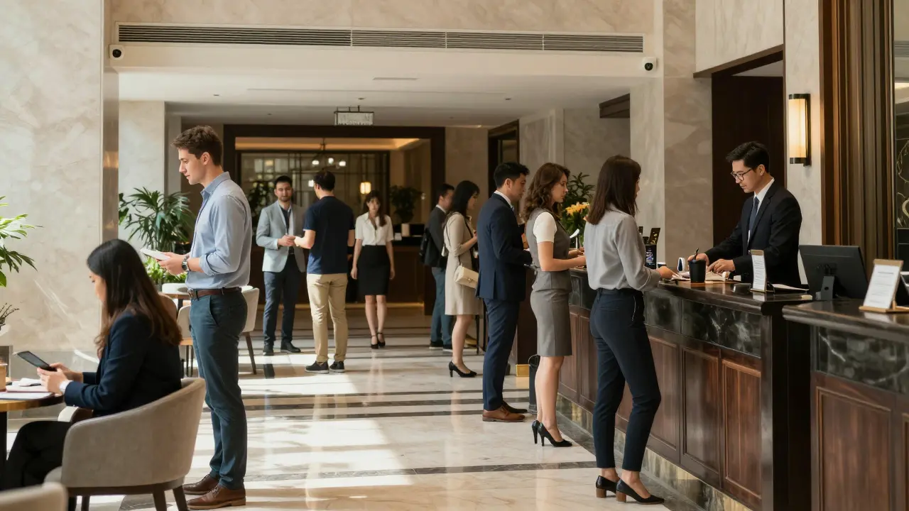 A professional meeting in a luxury hotel lobby in Dubai, with security cameras and formal attire, conveying safety and discretion.