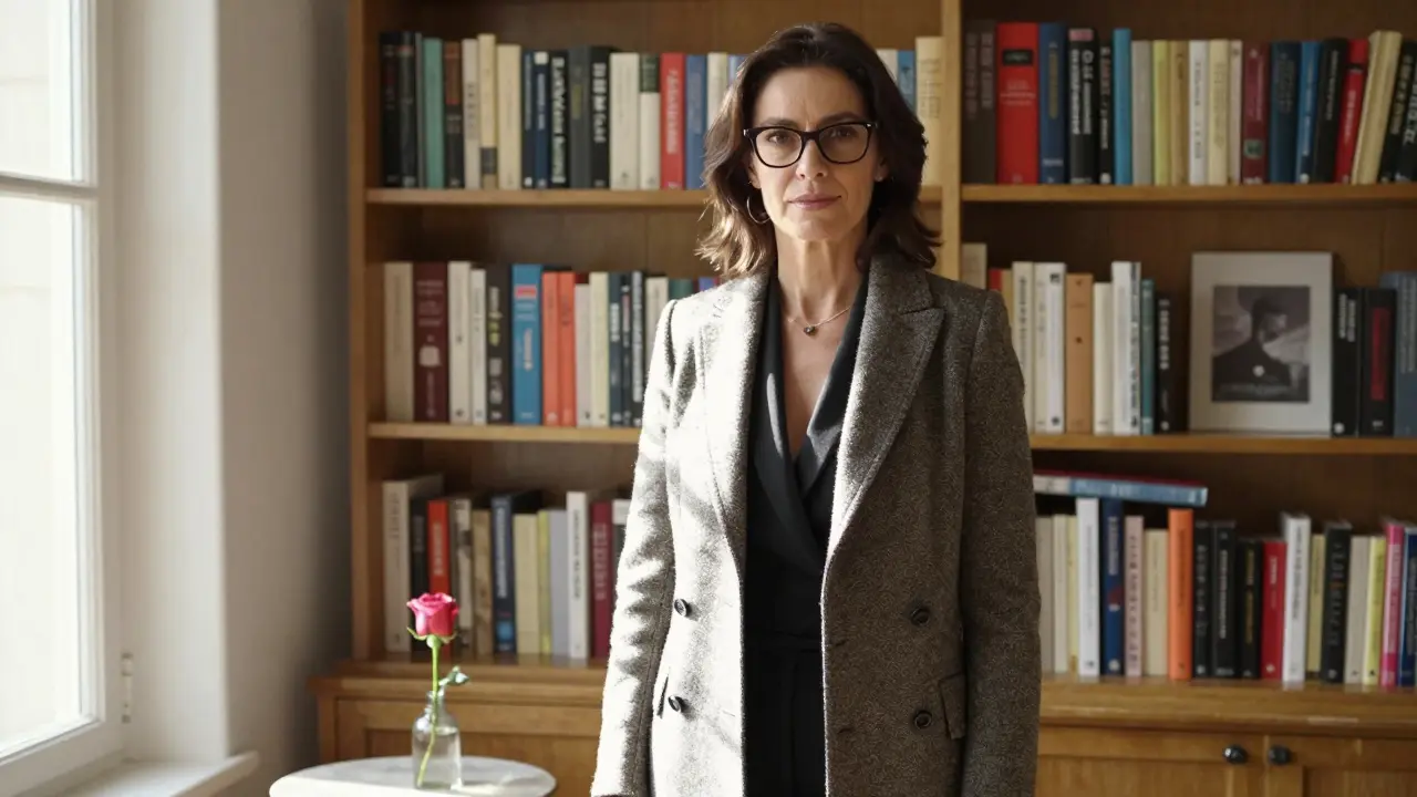 A professional woman in a tailored coat standing among books in a sunlit Paris apartment.